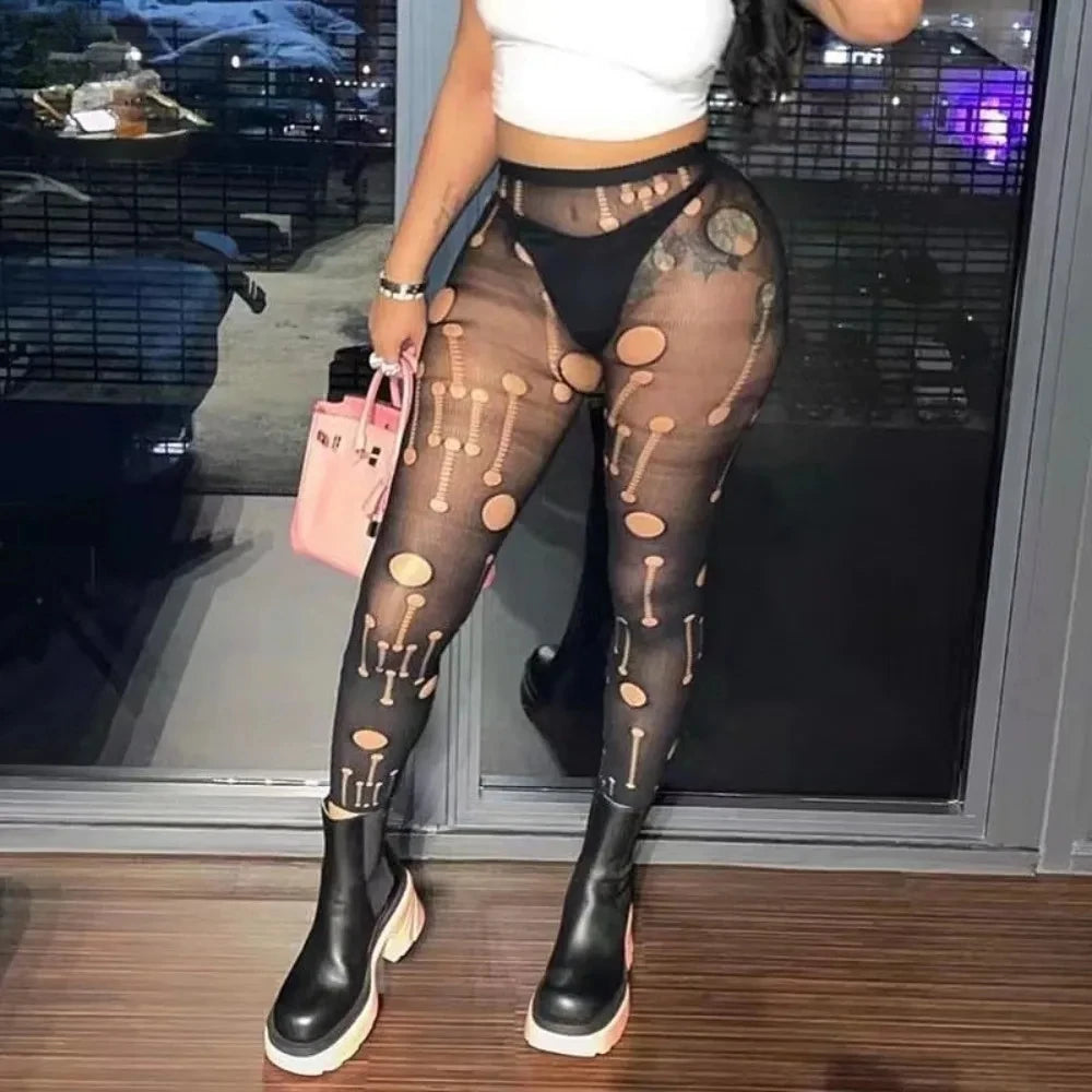 HLJ&GG Black Sexy Deep V Letter Print Bodysuits Women Zipper Long Sleeve Stretchy Bodycon Romper + Mesh Skinny Socks Outfits New