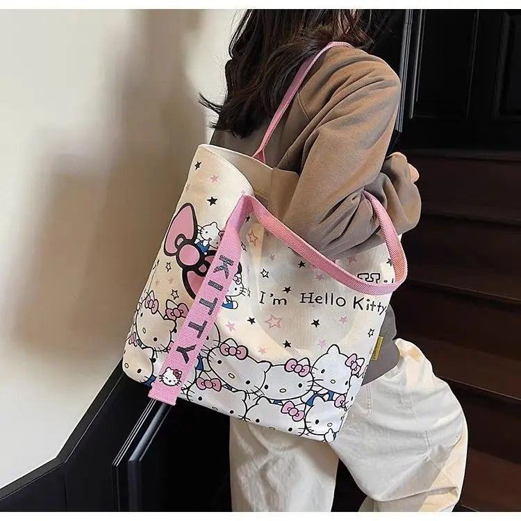 New Model Hello Kitty Cartoon Canvas Bag Cute Commuter Versatile One-Shoulder Tote Bag Large-Capacity Storage Bag