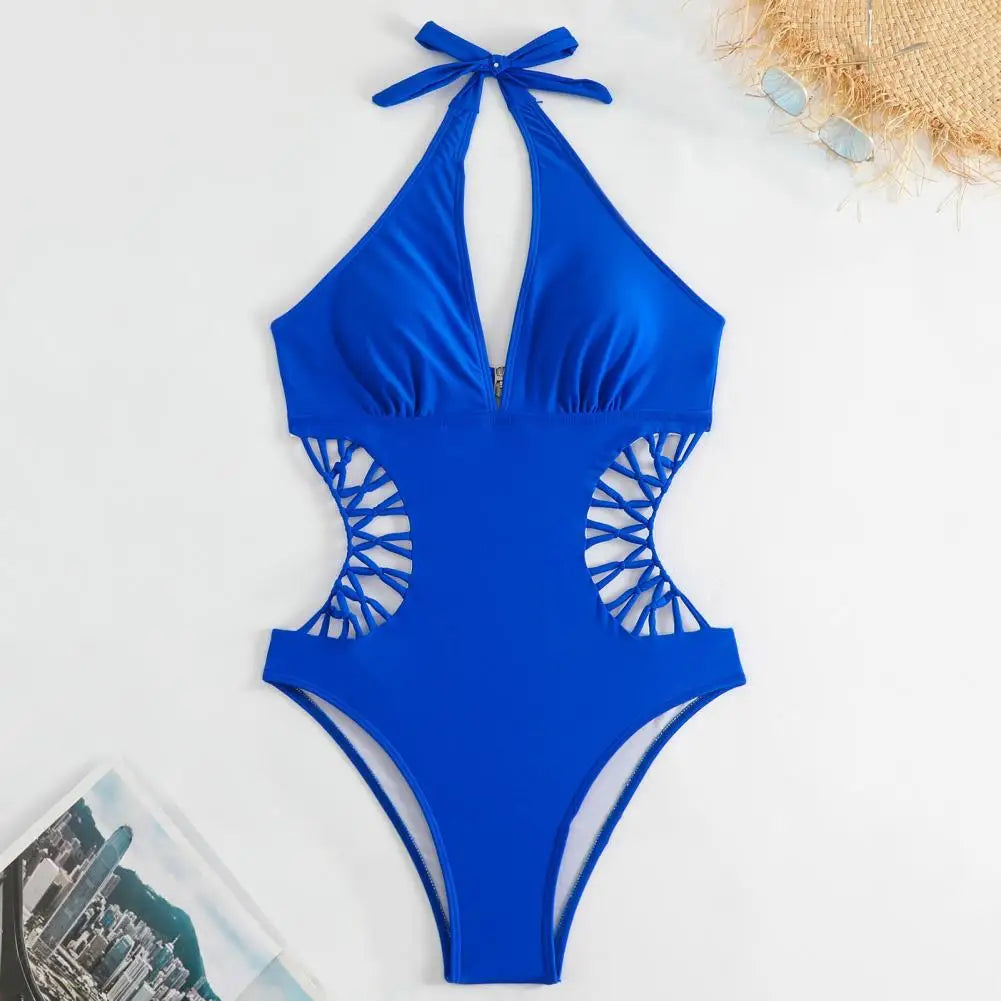 Summer Women Monokini Solid Color Hollow Out See-through Deep V Neck Lady Swimsuit Elastic High Waist Padded Bathing Suit