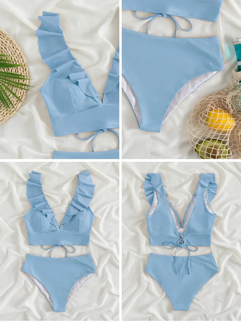 Ladies Two-Piece Bikini Set Sexy Swimsuit Tankini Fashion Ruffled Bikini Swimwear Women Swimming Suit Summer Beachwear Clothing