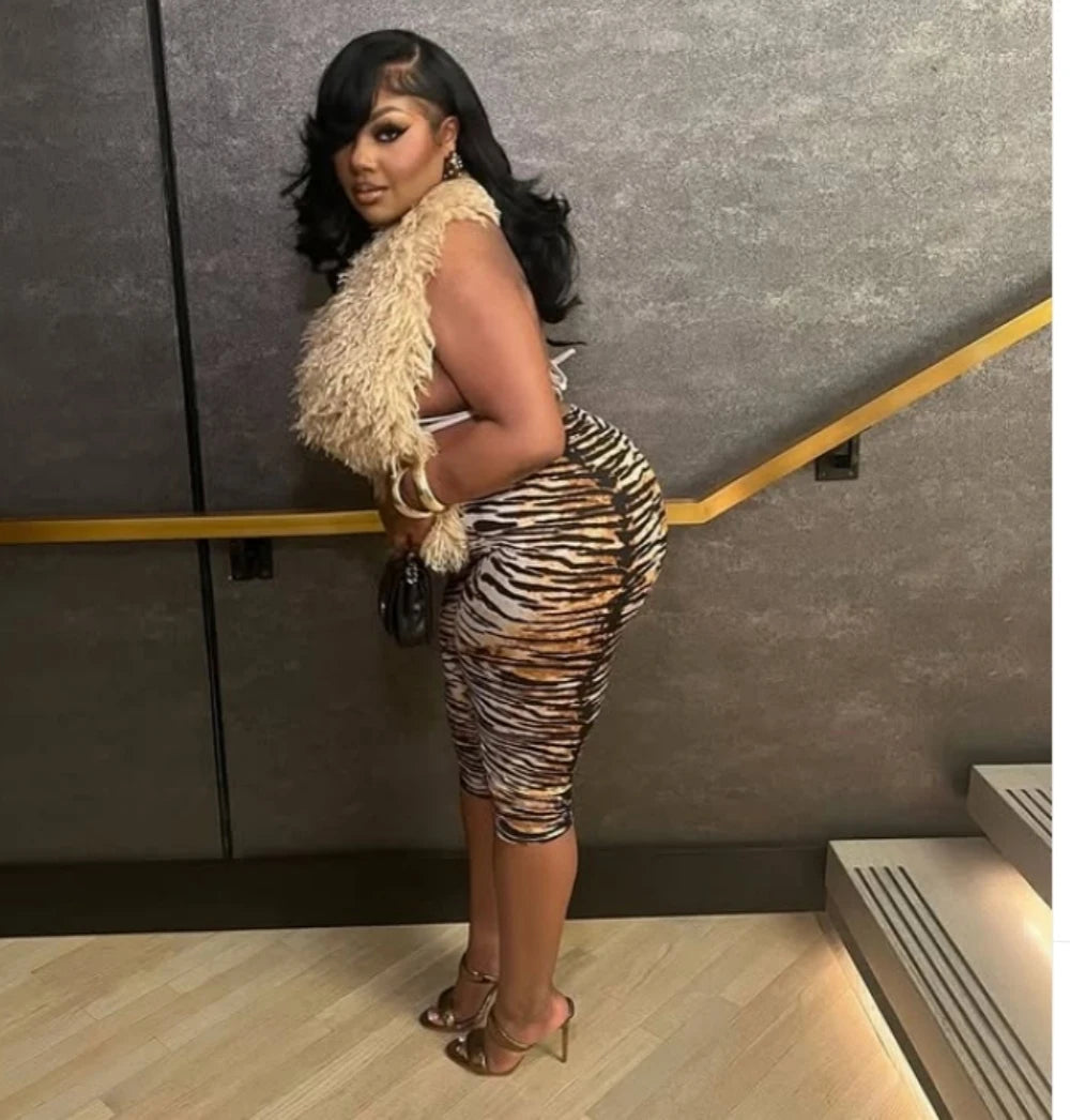 HLJ&GG Fashion Hot Girl Fur Feather Halter Top Two Piece Sets Women Sleeveless Backless Slim Waistcoat And Leopard Shorts Outfit