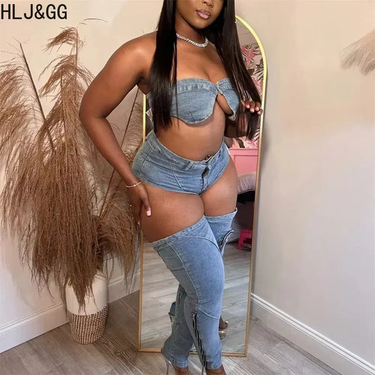HLJ&GG Sexy Denim Sleveless Hollow Out 2 Piece Sets Outfit Women Bikini Tops And Cargo Jean Pants Suits 2025 Cowboy Streetwear