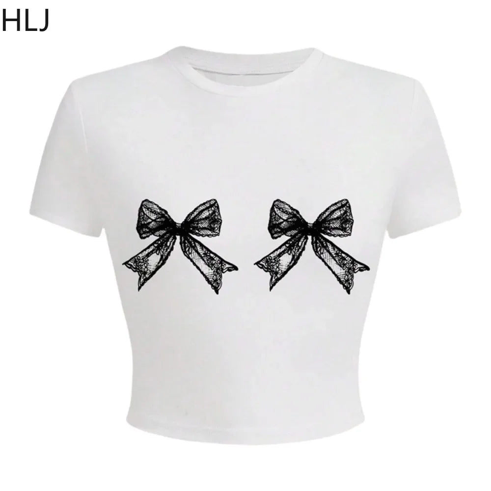 HLJ&GG White Sweet Y2K Bow Puffy Mini Skirts Shorts Two Piece Sets Women Short Sleeve Slim Top And Skirts Outfits Streetwear
