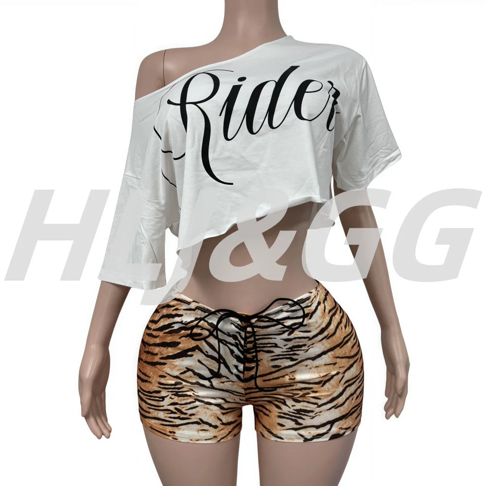 HLJ&GG Y2K Fashion Letter One Shoulder Crop Top Two Piece Sets Women Loose Tshirts And Tiger Shorts Outfits Summer Streetwear