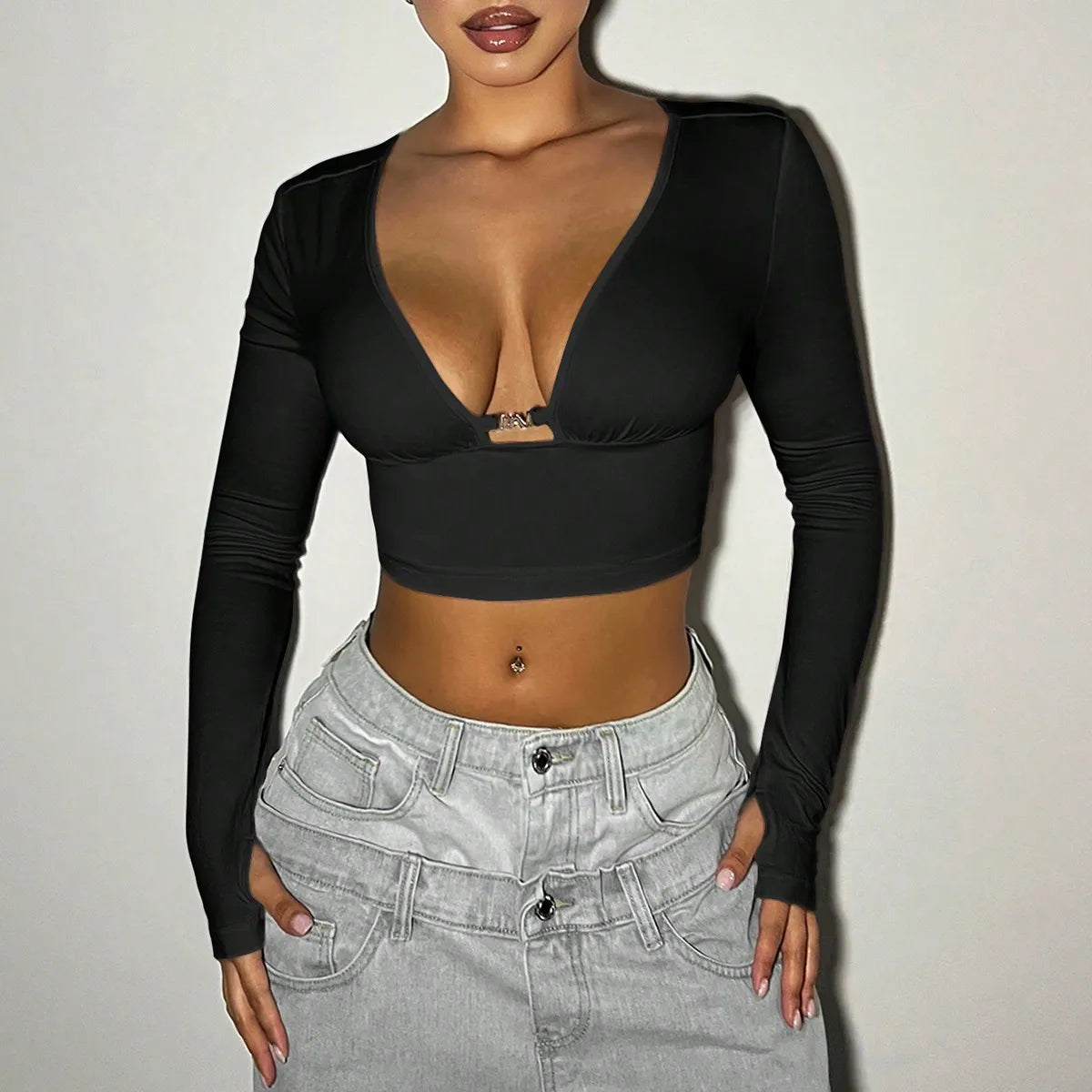 Pure Desire Spice V-neck Hollow Long Sleeve Female New Hot Sexy Short Sleeve Small Public Belly-button Top