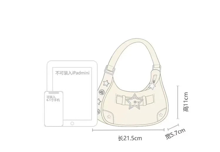 Vintage Korean Casual Cute White Star Shoulder Underarm Tote Bag Ladies Sling Bags Leather Zip Purses Handbags Women