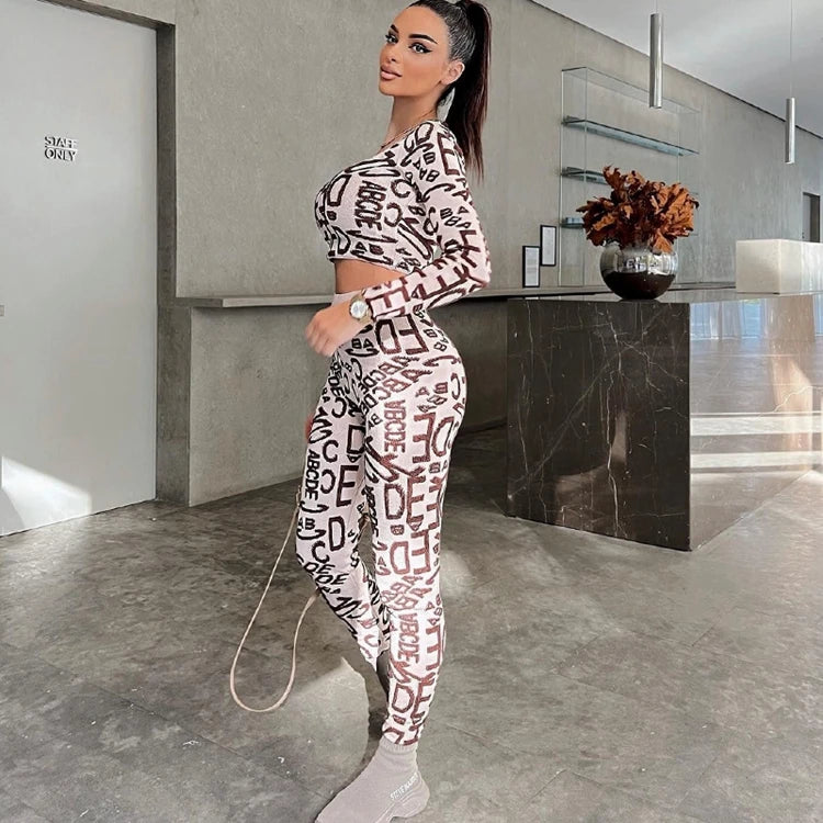 STYLISH LADY Letter Printed Sporty 2 Piece Set Women Long Sleeve Crop Top and Skinny Pant Suits 2025 Summer Sexy Street Outfits