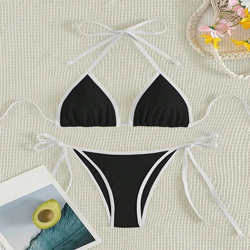 Contrast Color Patchwork Bikinis Bathing Suit Women Sexy Lace Up Triangle Thong Micro Bikini 2025 New Swimwear Biquini Beachwear
