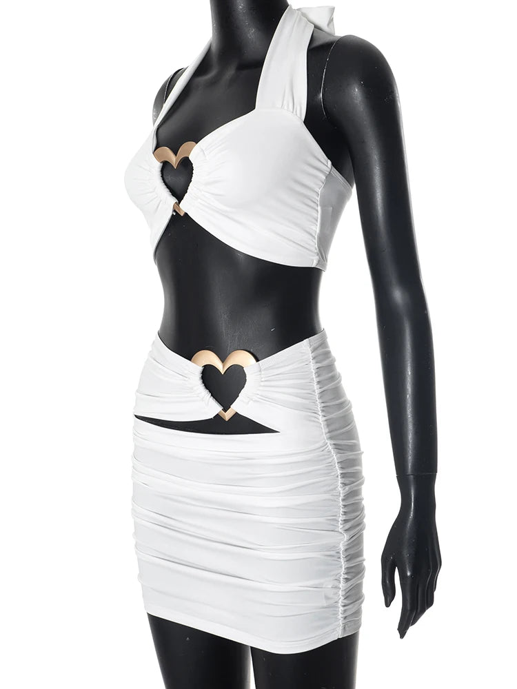 Weird Puss Love Rings Patchwork 2 Piece Set Cross Women Halter Crop Tops+Ruched Hollow Skirts Matching Hottie Street Trend Suits