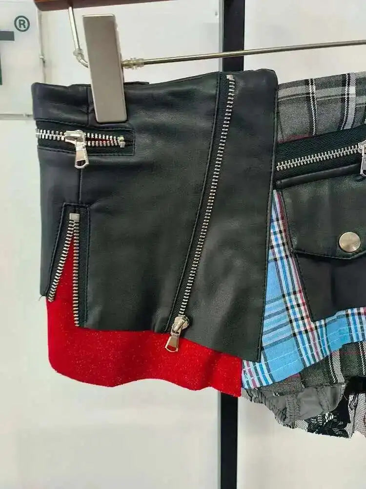 DEAT 2025 Summer New Patchwork Plaid Irregular Pleated Mini Skirt, Zipper Pockets Lace Design Skirts 29L7565