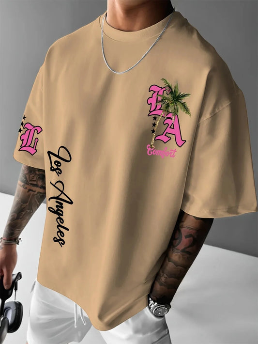 2025 hot selling new summer men's letter and tree print pattern breathable and comfortable T-shirt outdoor casual top