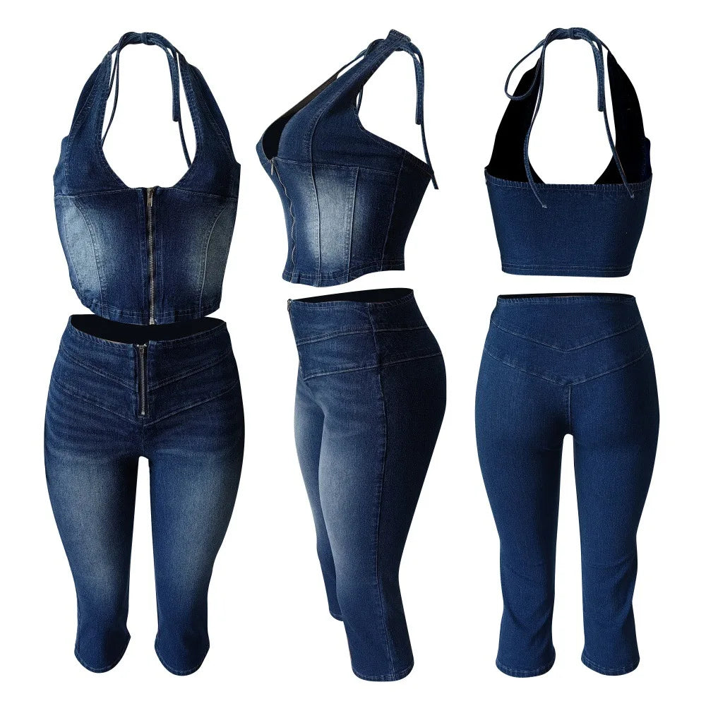 HLJ&GG Blue Fashion jeans Halter Two Piece Sets Women Sleeveless Backless Slim Crop Top And Skinny Jean Pants Outfits Streetwear