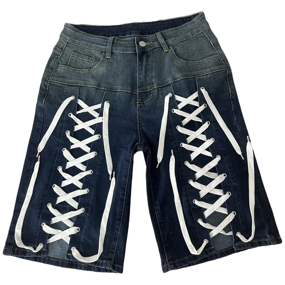 HLJ&GG American Vintage Fashion Bandage Straight Jean Shorts Women High Waisted Button Loose jeans Shorts Female Cowboy Bottom