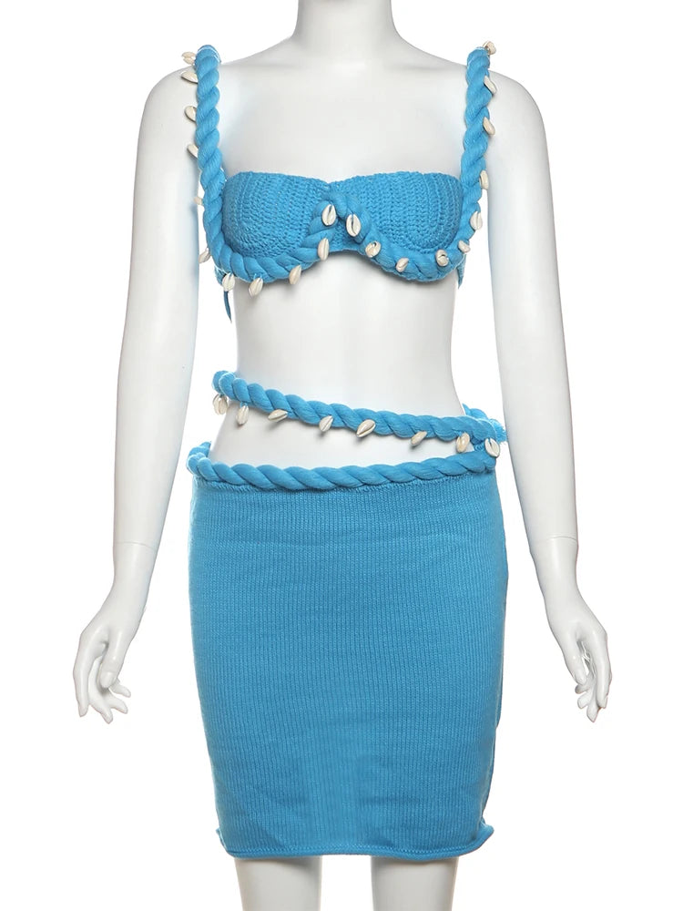 Weird Puss Crochet Applique Patchwork 2 Piece Set Women Sexy Backless Crop Tops+Bandage Hollow Skirts Vacation Beach Party Suits