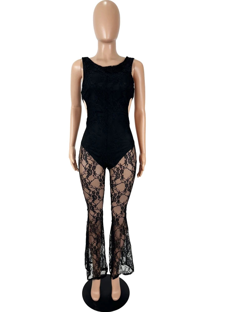 Kricesseen Women's Cut-Out See-Through Sheer Lace Jumpsuits Sexy Hollow Out Fitted Wide Legs Jumpsuits Night Out Romper Clubwear