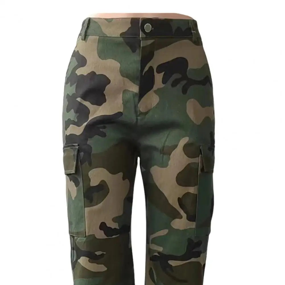 Women's Camo Print Cargo Pants High Waist Wide Leg Baggy Streetwear Casual Camouflage Military Trousers with Pockets