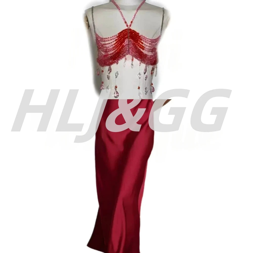 HLJ&GG Sexy Rhinestone Beads Halter Hollow Two Piece Sets Women Sleeveless Backless Top + Satin Skinny Skirts Outfits Streetwear