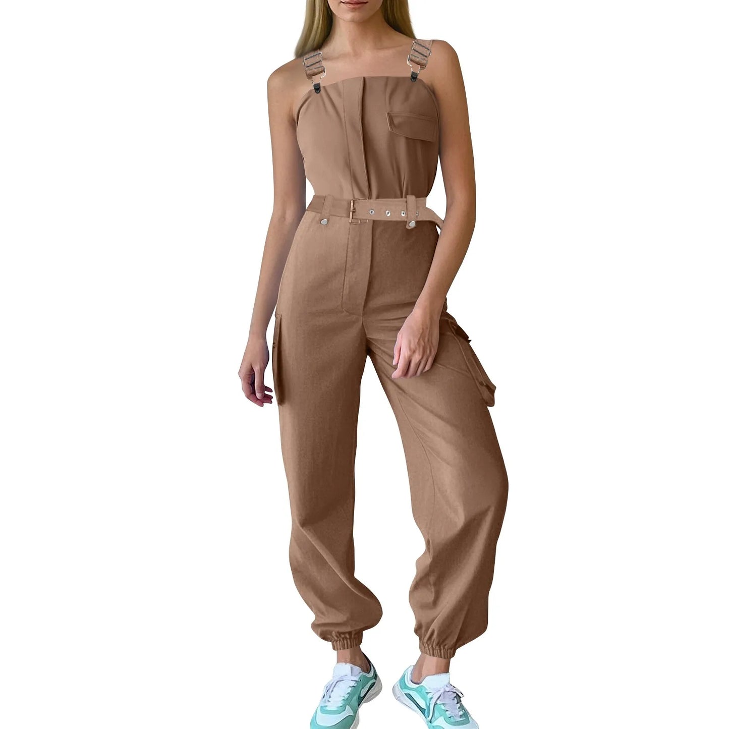 Lady's Fashion Clasp Pocket Cargo Romper Jumpsuits, Casual Jumpsuit Summer