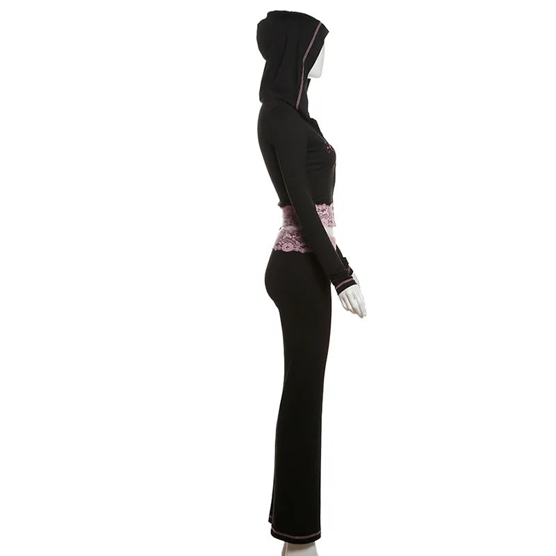 HLJ&GG Black Y2K Letter Printing Hooded Lace Splicing Two Piece Sets Women Zipper Long Sleeve Slim Top And Pants Outfits 2025