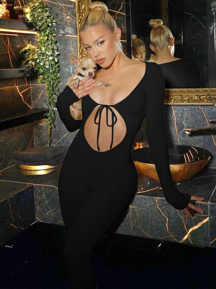 Dulzura Solid Pure Hole Hollow Out Straps Lace-Up Jumpsuit Long Sleeves 2023 Summer Autumn For Women Sexy Streetwear Wholesale