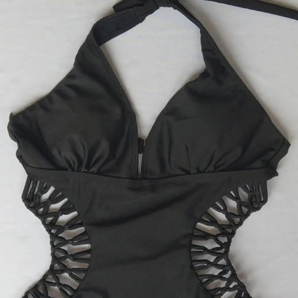 Summer Women Monokini Solid Color Hollow Out See-through Deep V Neck Lady Swimsuit Elastic High Waist Padded Bathing Suit
