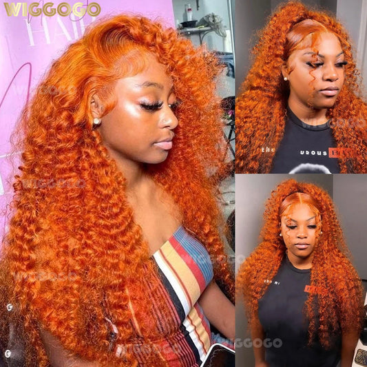 Wiggogo Orange Ginger Lace Front Wig Human Hair 30 Inch Curly Lace Front Human Hair Wig Deep Wave 13X4 13X6 Hd Lace Frontal Wigs