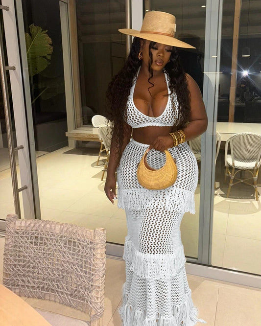 STYLISH LADY Tassel Crochet 2 Piece Set Women Halter Backless Crop Top and Maxi Skirts Suits 2025 Summer Sexy Beach Outfits