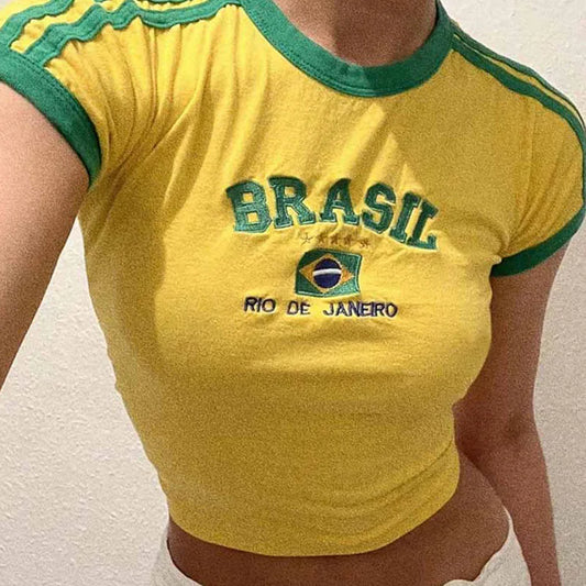Aesthetic BRASIL Letter Print T-Shirt and Shorts Suit, Vintage Grunge  Short Sleeve Baby Tees, Summer Crop Top Y2k Clothe