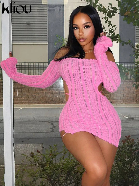 kliou Stunning Autumn Mini Dress ladies Sexy Solid Backless Slash Neck Long Sleeve Ruched Slim Robe Street Party Vestidos
