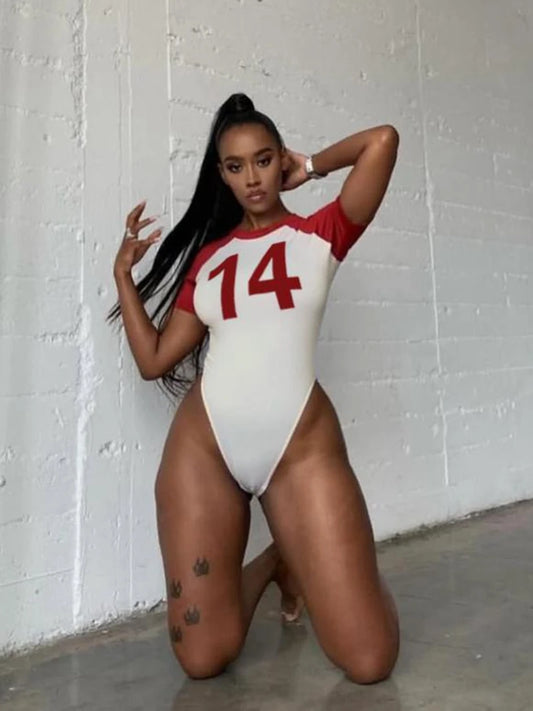 STYLISH LADY Number 14 Printed Bodysuits 2025 Summer Women Short Sleeve O Neck Patchwork Contrast Color Sexy Club Street Rompers