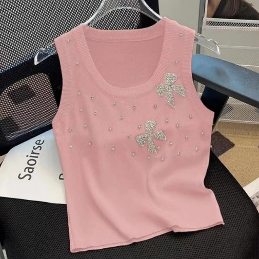 HLJ&GG Fashion Rhinestone Knit Tank Top Two Piece Sets Women Round Neck Sleeveless Crop Vest And Lace Ruffle Mini Skirts Outfits