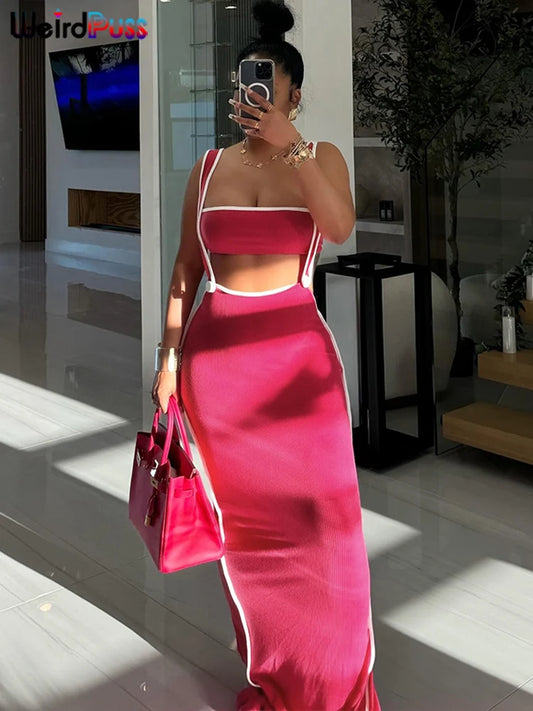 Weird Puss Summer Trend 2 Piece Set Women White Edging Strapless Tops+Shoulder Straps Dress Stretch Matching Streetwear Outfits