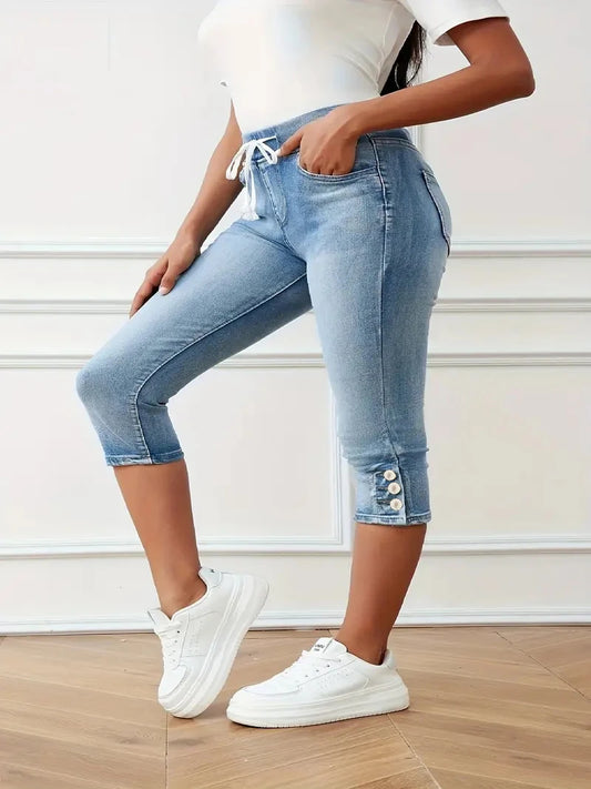 Ladies Plus Size jeans Captcha Drawstring High Stretch Spring summer Versatile Leg Slit Washed Jeans.