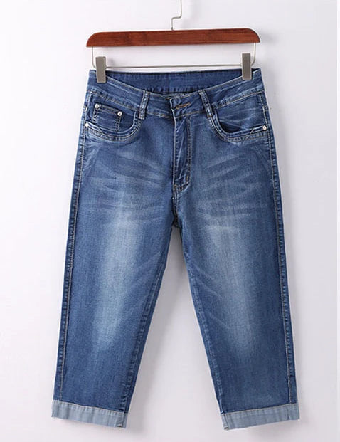 Ladies Jeans Pants Ladies Cropped Trousers Skinny Knee Length Jeans female Elastic High Waist Mom Jeans Oversize