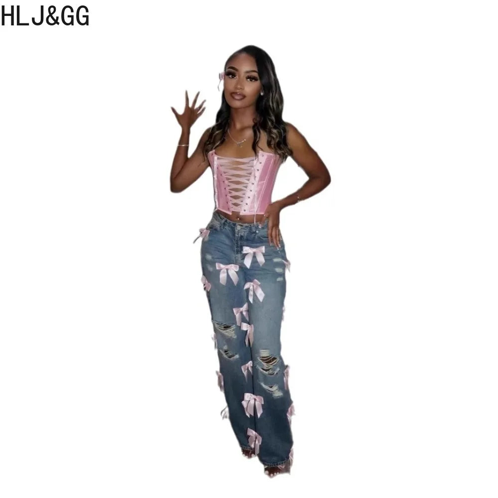 HLJ&GG Y2K Fashion Bow Sweet Straight Jeans Pants Women High Waisted Button Pocket, Hot Girl Streetwear Bottoms 2025