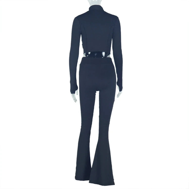 STYLISH LADY Solid Color Sporty 2 Piece Set Women Long Sleeve Crop Top and Flare Pant Suits 2025 Summer Casual Fitness Tracksuit