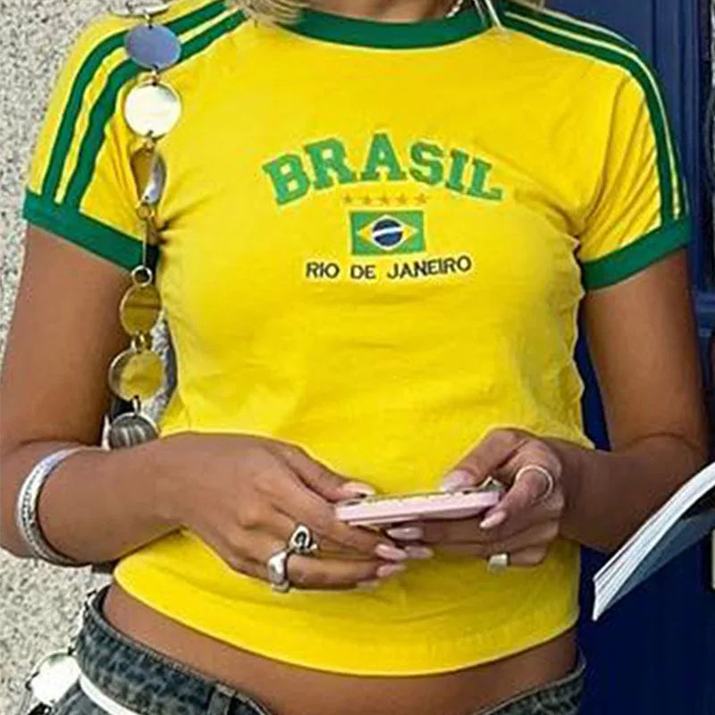 Aesthetic BRASIL Letter Print T-Shirt and Shorts Suit, Vintage Grunge Short Sleeve Baby Tees, Summer Crop Top Y2k Clothe