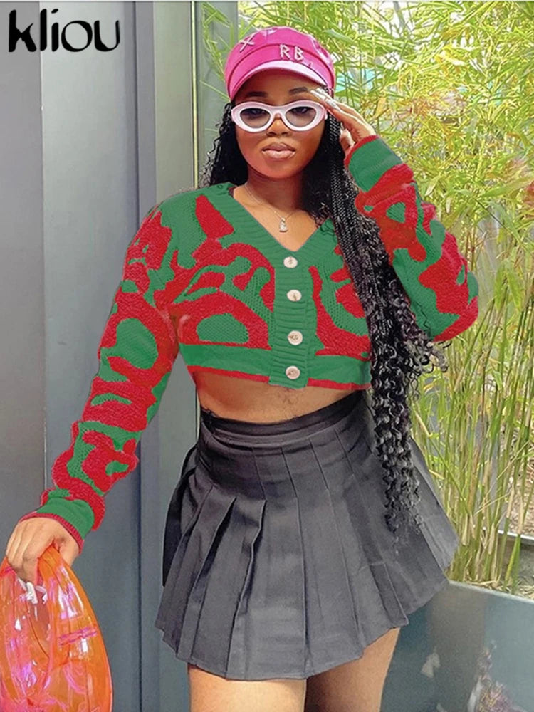 Kliou Knit Coats ladies Autumn New Full Sleeve Breasted Buttons V-neck Ruched Sweather Outwear Bare Midriff Street Tops