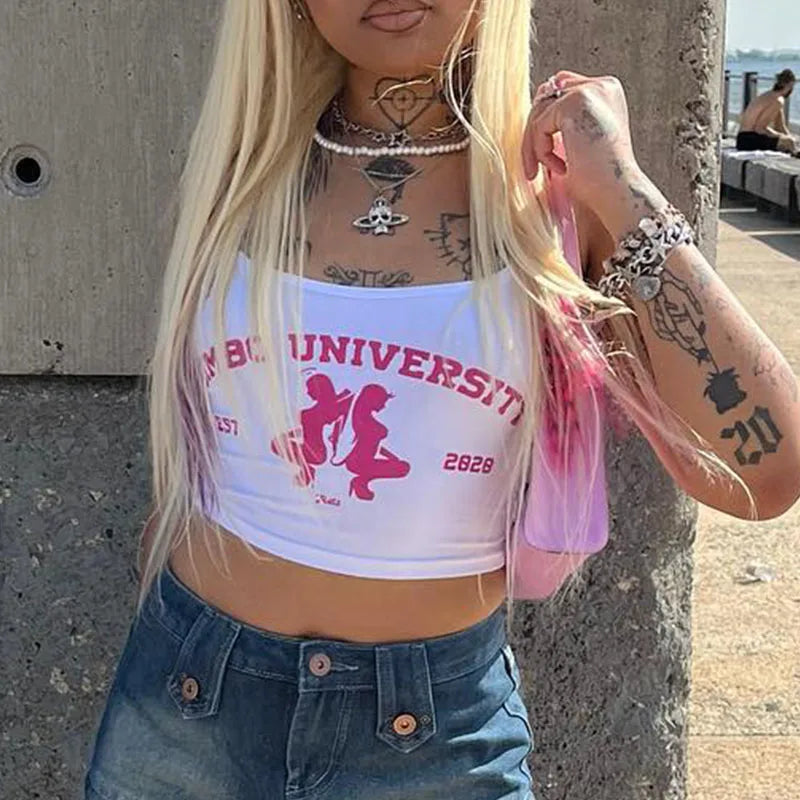 Y2k Harajuku Punk Graphics Sleeveless Sexy Crop Top Women's Clothing 2023 Vintage Letter Print Baby Tee Streetwear Women T-shirt