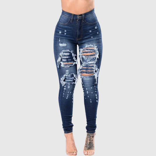 HOLE, ladies 2025 High Waist Ripped Jeans for female, Skinny Black Pockets Jeans Elastic Slim Jean Female Femme Pants