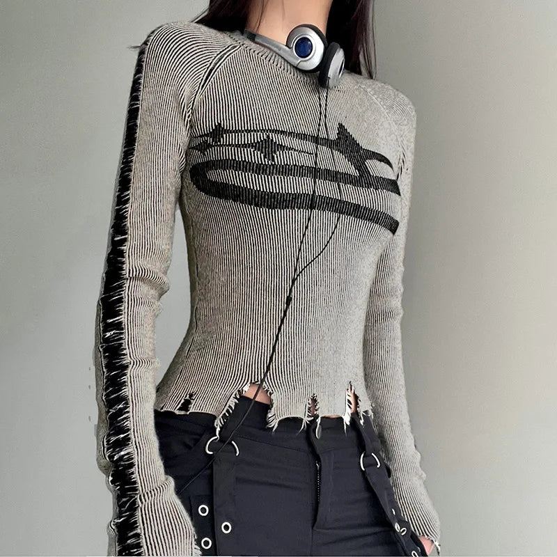 HLJ&GG American Vintage Style Women Knitting Print Long Sleeve Slim Top And Mini Pleated Skirts Outfits Fashion Y2K 2pcs Clothes
