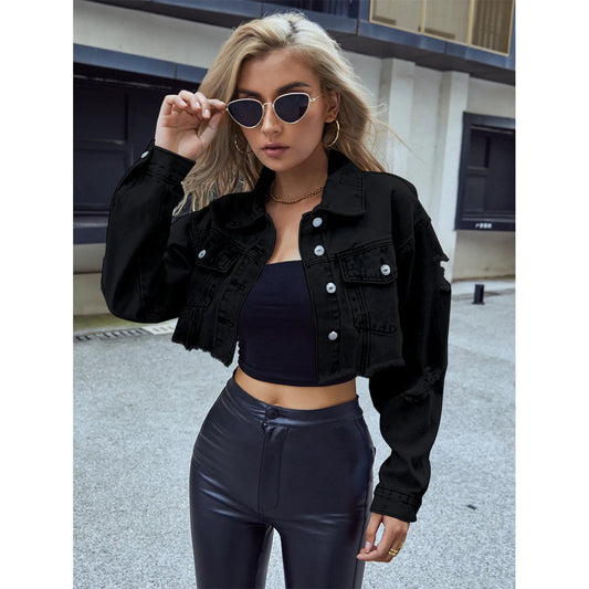 Women Clothing Single Breasted jeans Coat Long Sleeve Turn Down Washed Jackets Loose Fit Cardigan Streetwear Solid Pockets