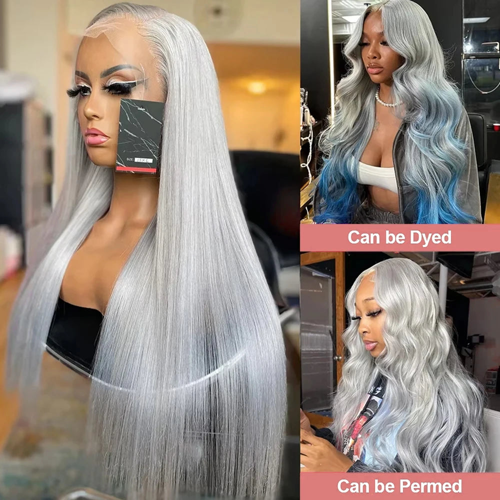 Silver Grey Straight Lace Front Human Hair Wig 40 Inches Colored HD Transparent 13x6 Lace Frontal Wig for Women Preplucked 250%