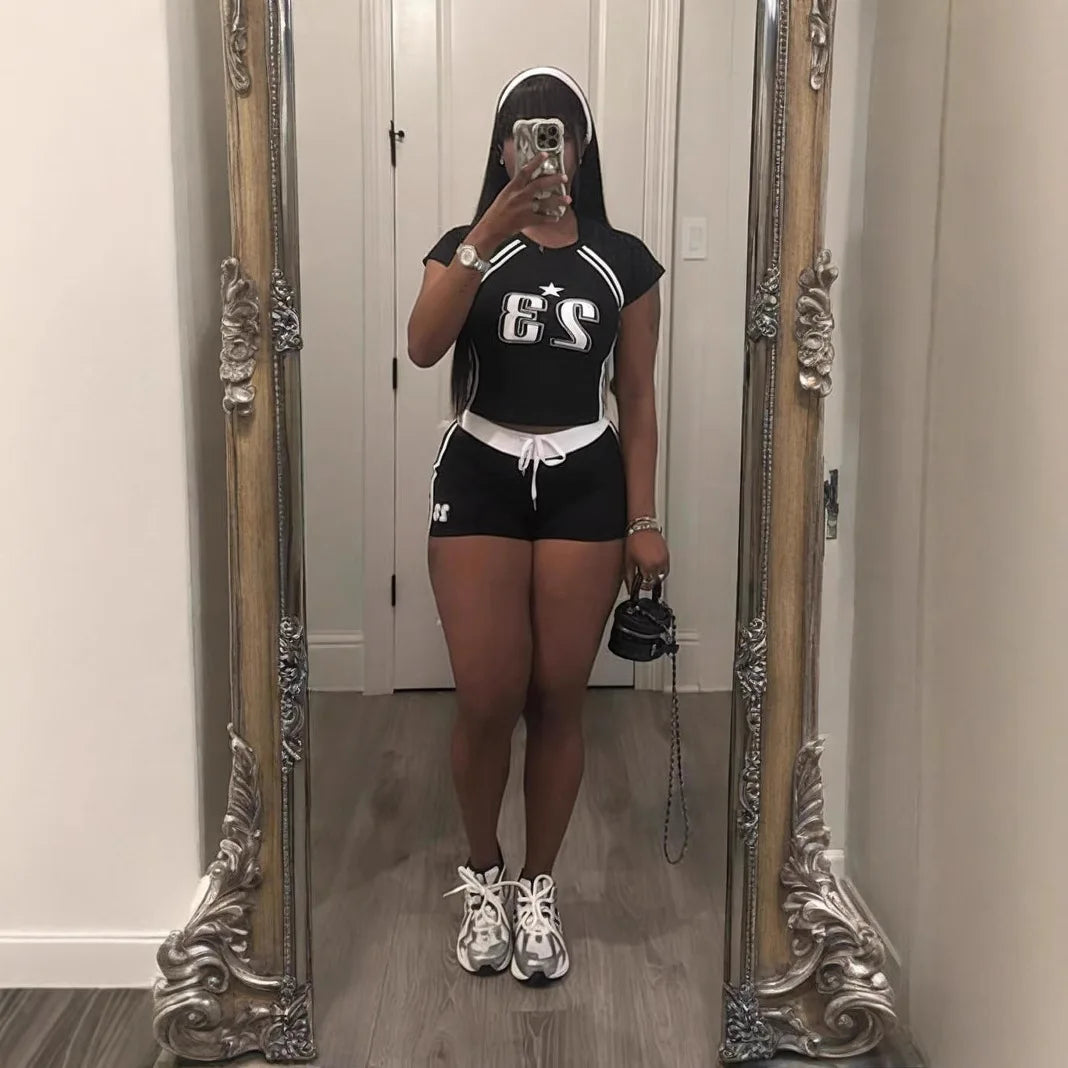 STYLISH LADY Number Printed Sports 2 Piece Set Women Short Sleeve Crop Top and Drawstring Shorts Suits 2025 Summer Casual Outfit