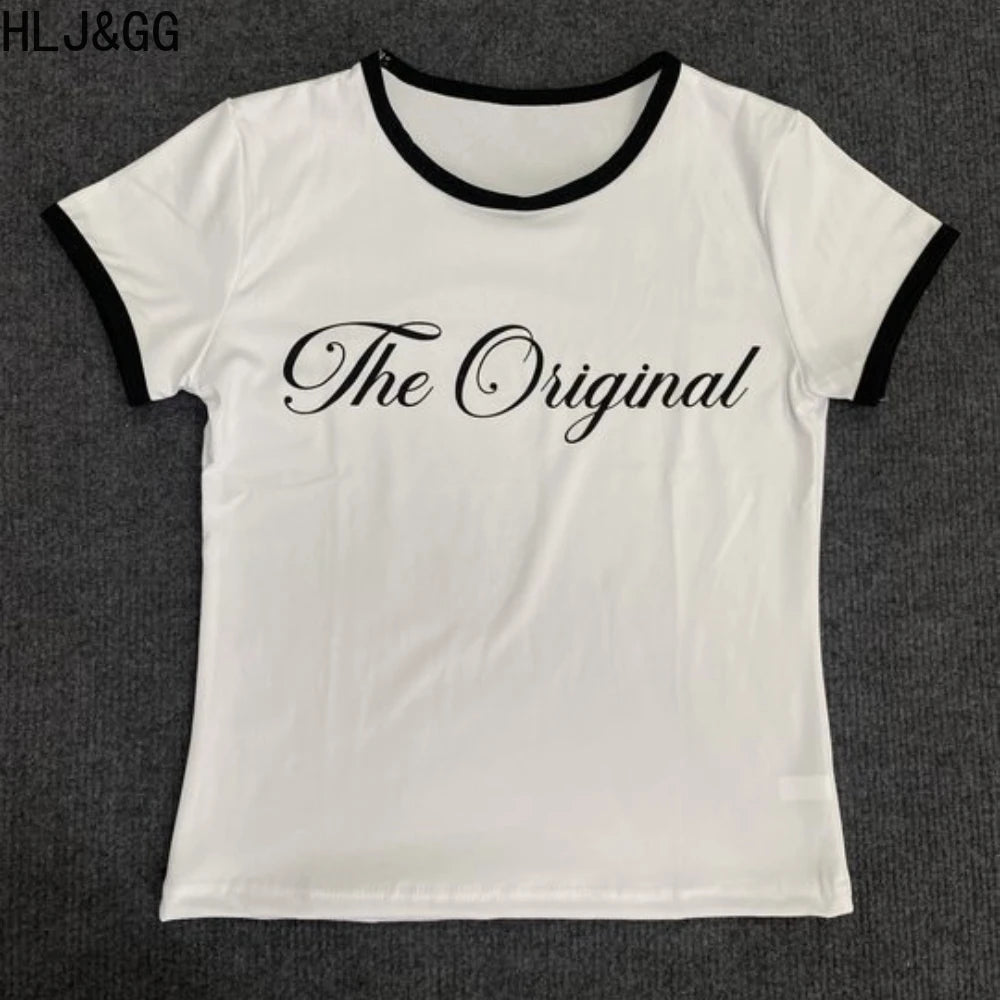HLJ&GG Summer New Y2K Letter Print Two Piece Sets Women O Neck Short Sleeve Slim Crop Top And Fur Mini Skirts Outfits Streetwear