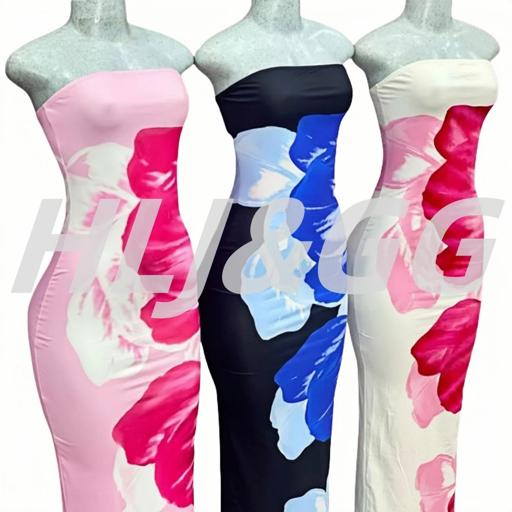 HLJ&GG Sexy Flowers Printing Bodycon Maxi Dresses Women Off Shoulder Sleeveless Backless Slim Vestidos Fashion Streetwear 2025