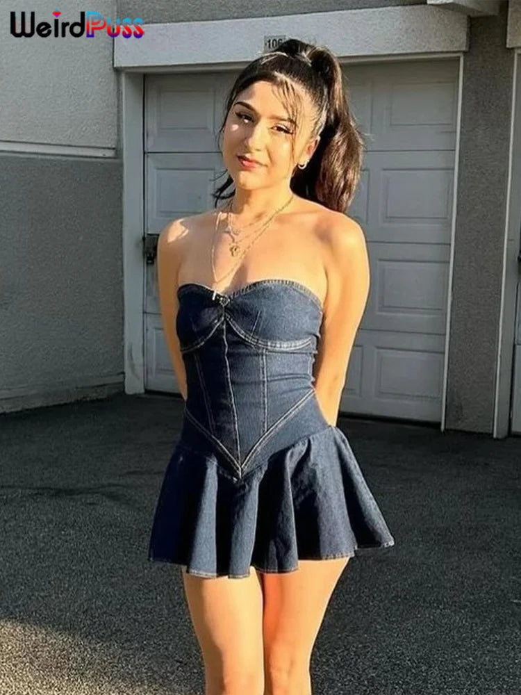 Weird Puss Fake jeans Strapless Sexy Dress Women Summer Trend Skinny Hipster Fashion Concert Birthday Party Clubwear Y2K Bodycon