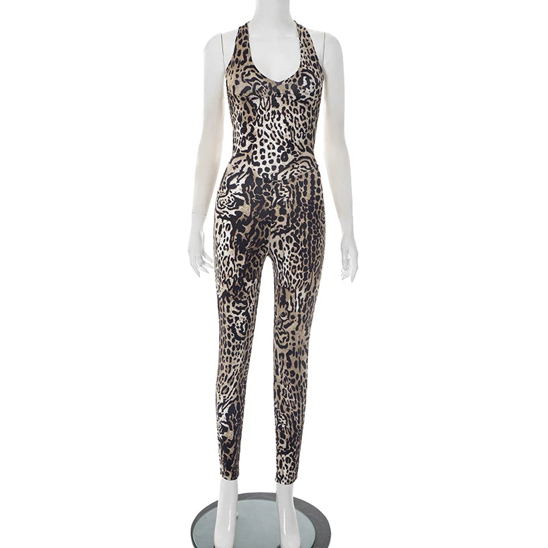 Weird Puss Leopard Print Jumpsuit Women Coquette Summer Trend Midnight Club Activity Sleeveless Fitness Stretch Workout Overalls