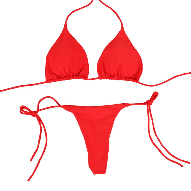Solid Color Tie-Side G-String Bikini Set Breathtaking Bathing Suit with Feminine Bandage Design Sexy Brazilian Bikini Beachwear