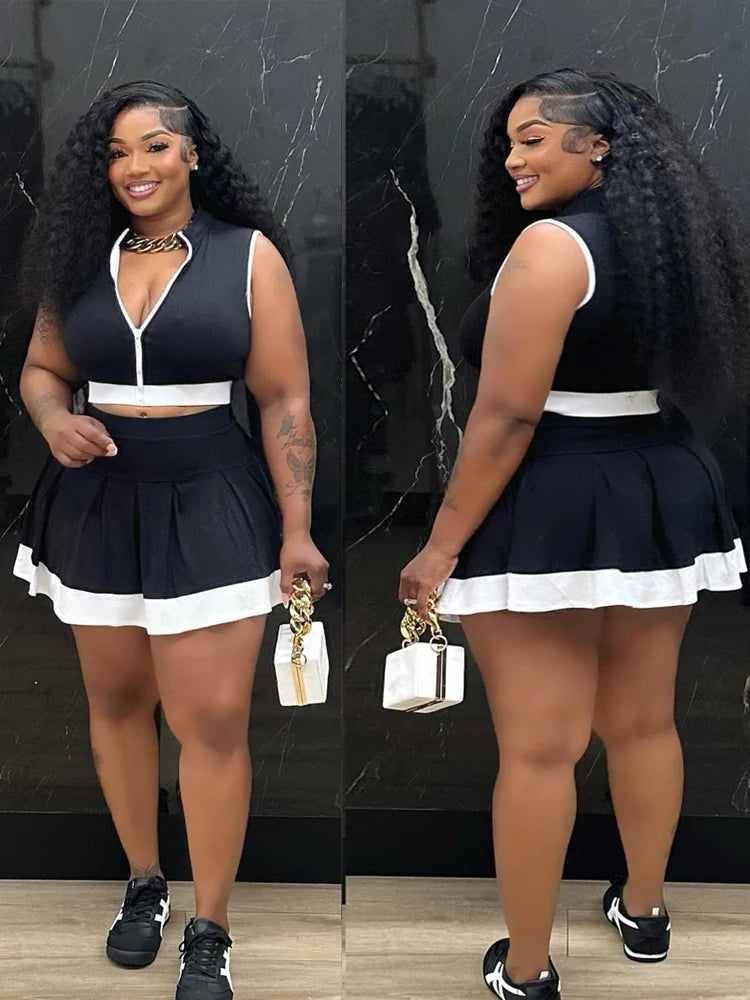 Kricesseen Women's Patchwork Zippers Crop Top And Ruched Skirt Set Two-Piece Sporty Tracksuits Set Night Club Outfits